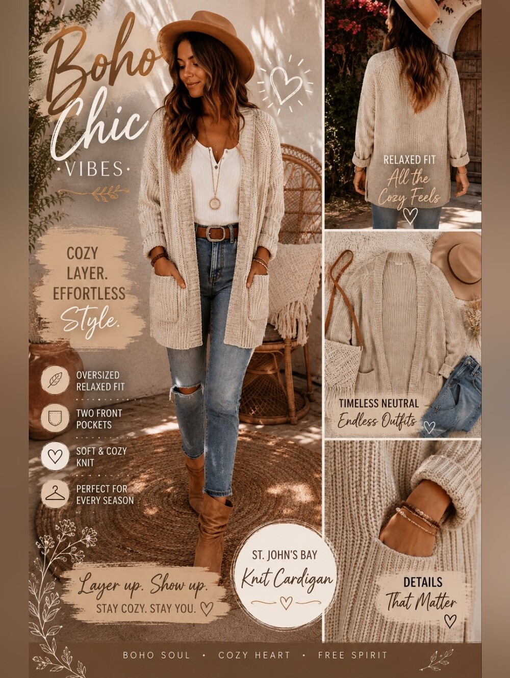 St. John's Bay Oversized Cream Knit Cardigan Sweater | Relaxed Boho Open Front